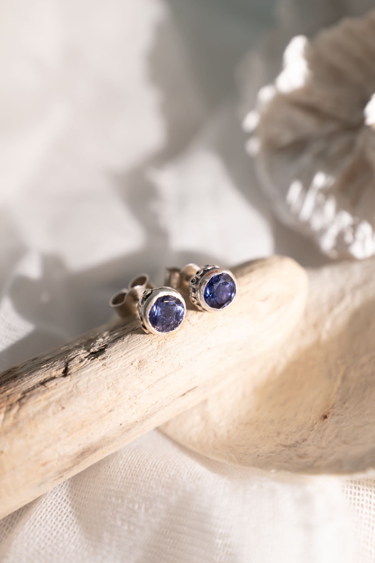 Pair of silver earrings with blue gemstones on a wooden branch.