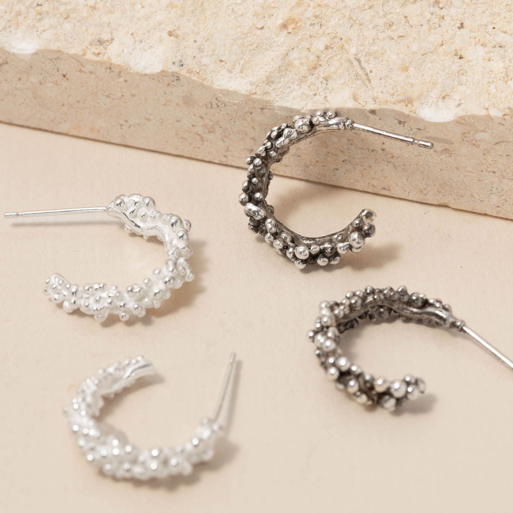 Oxidised and bright silver bubble hoop earrings