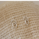 Pair of silver earrings on a textured beige fabric background